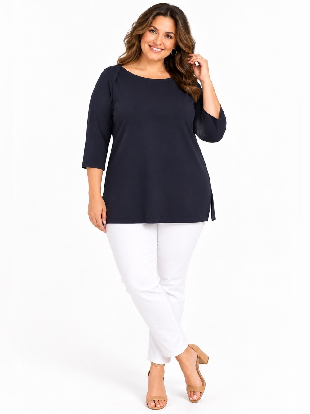 Talbot Navy Blue 3/4 Sleeve Boat Neck Tunic Top Performance Fabric Plus Size 1X